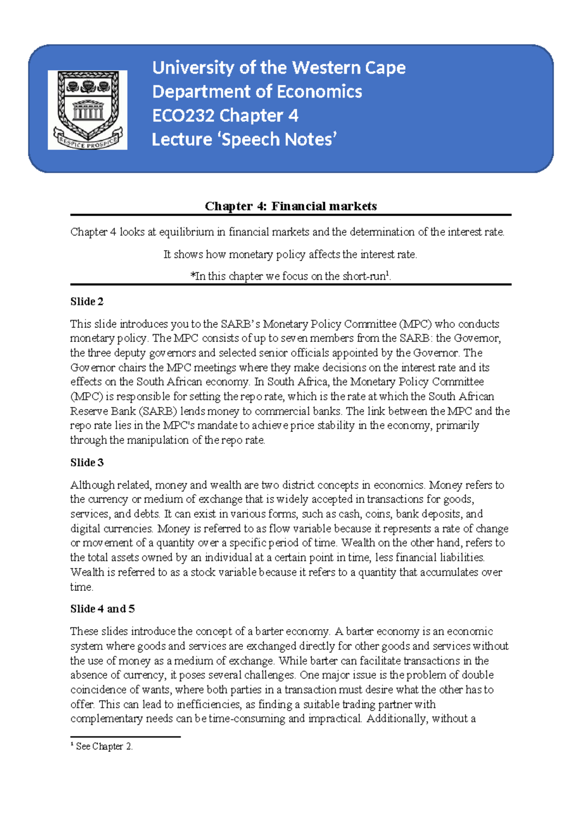ECO232 Chapter 4: Lecture Notes on Monetary Policy & Financial Markets ...