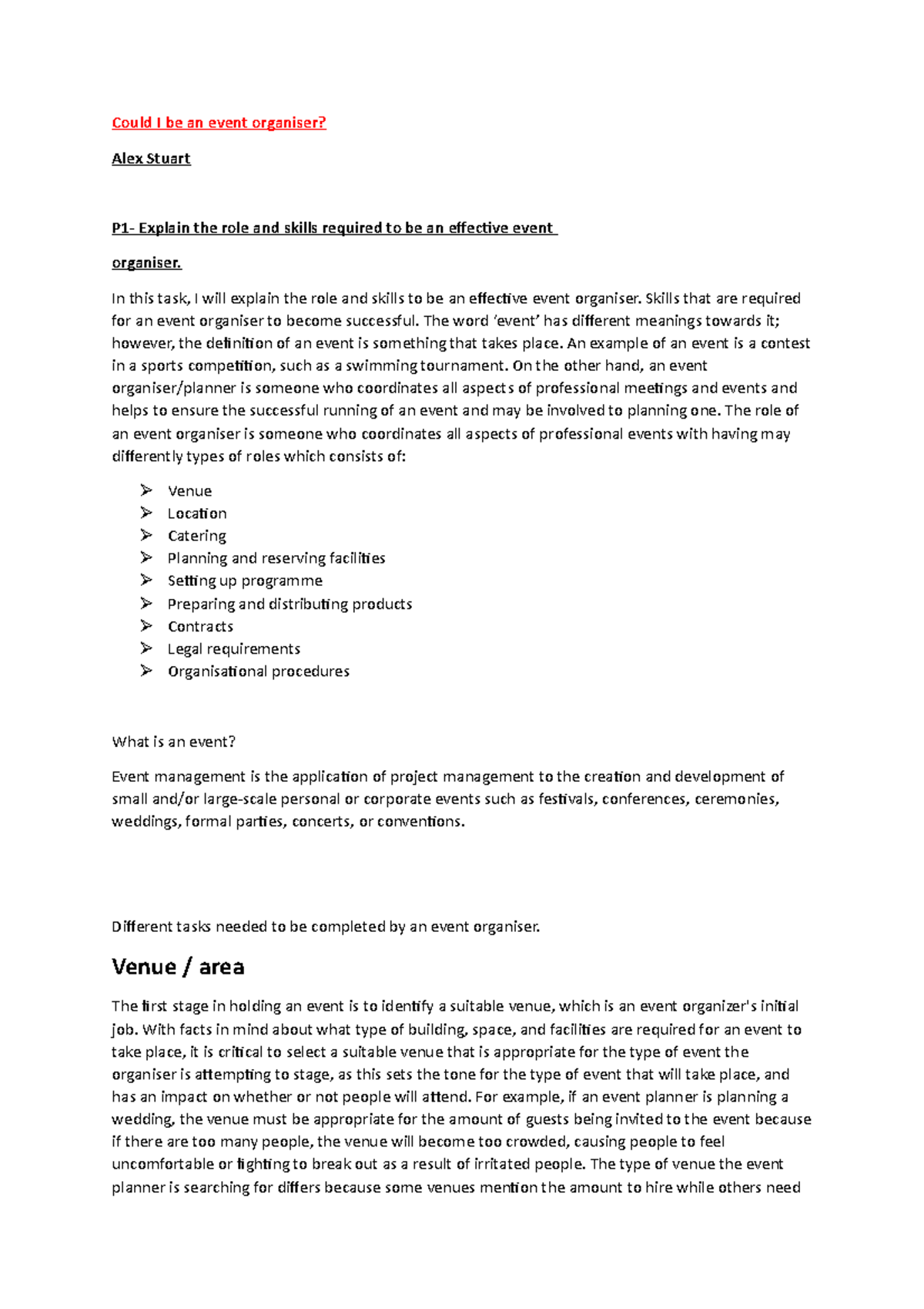 UNIT 4 Assignment 1 Final - Could I be an event organiser? Alex Stuart ...