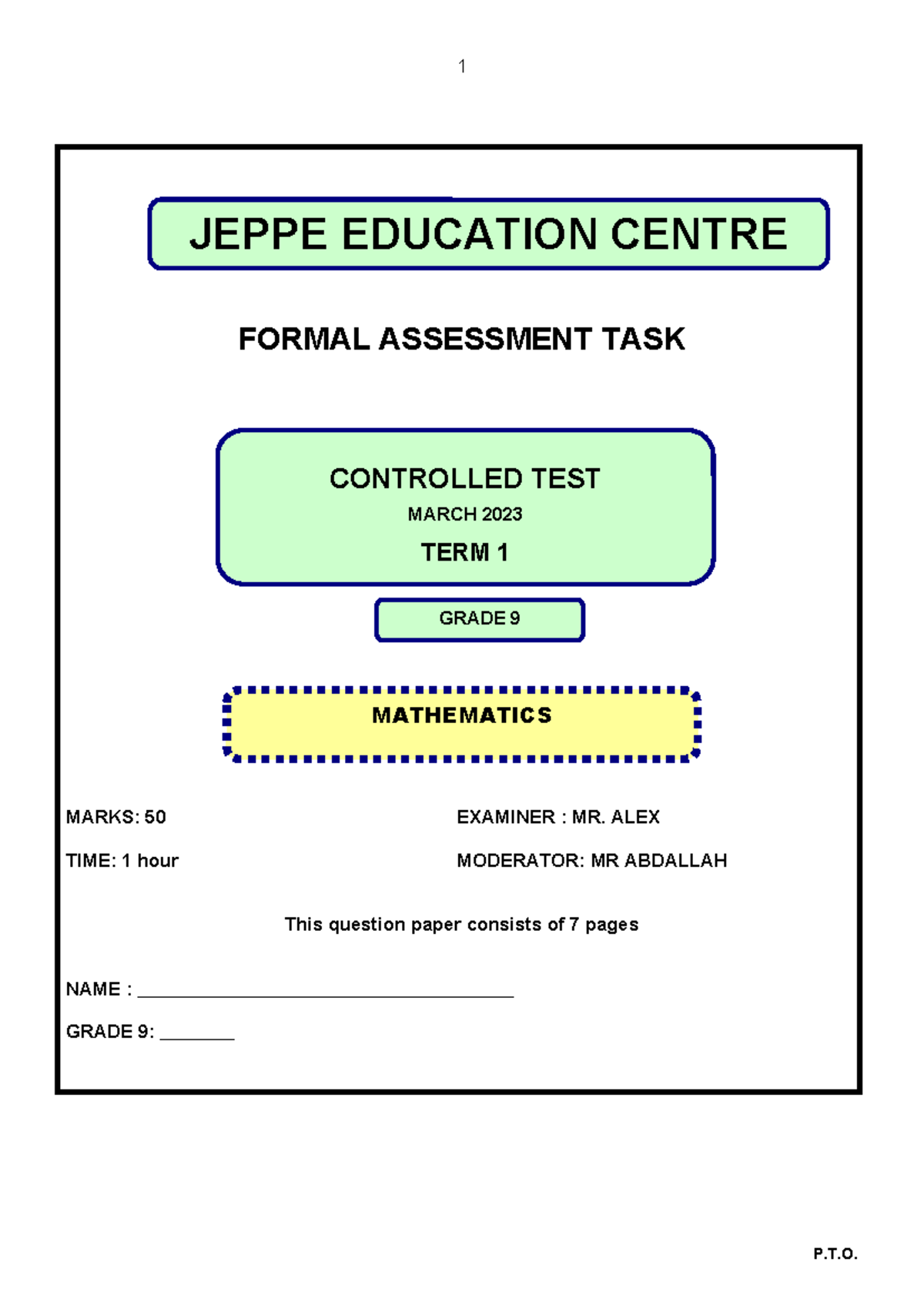 Grade 9 Mathematics Term 1 Controlled Test Study Material - Studocu