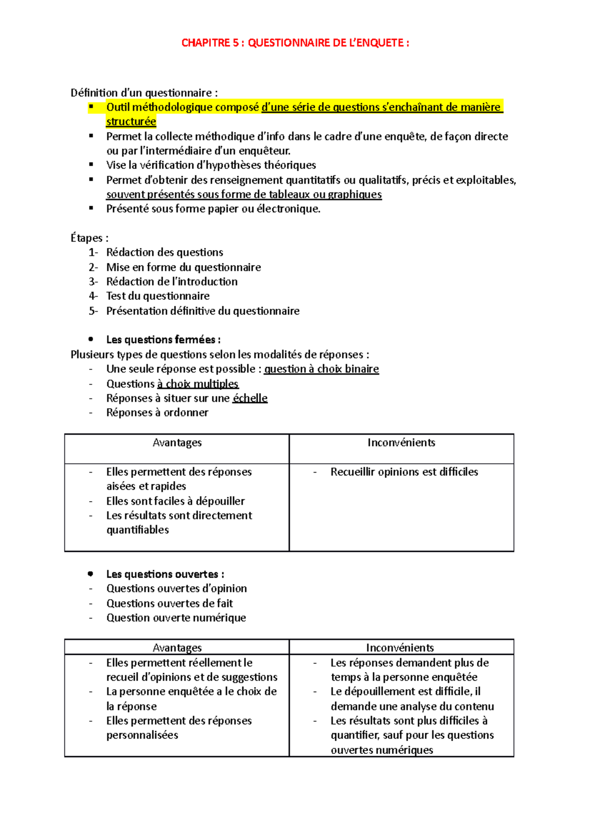 Chapitre 5 - ERC (CM) - Questionnaire de l'Enquête - Studocu
