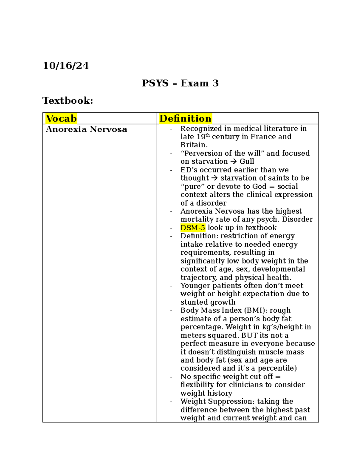 PSYS Exam 3 Study Guide: Focus on Eating Disorders and Psychosis - Studocu