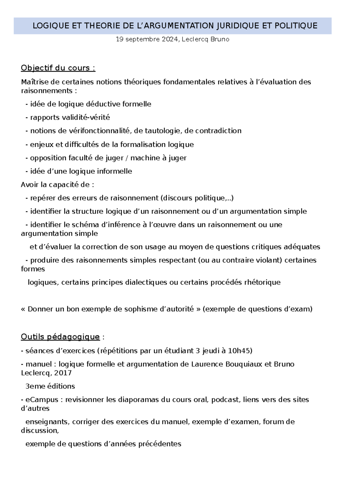 Logique et Théorie de l'Argumentation Juridique - Cours 2024 - Studocu