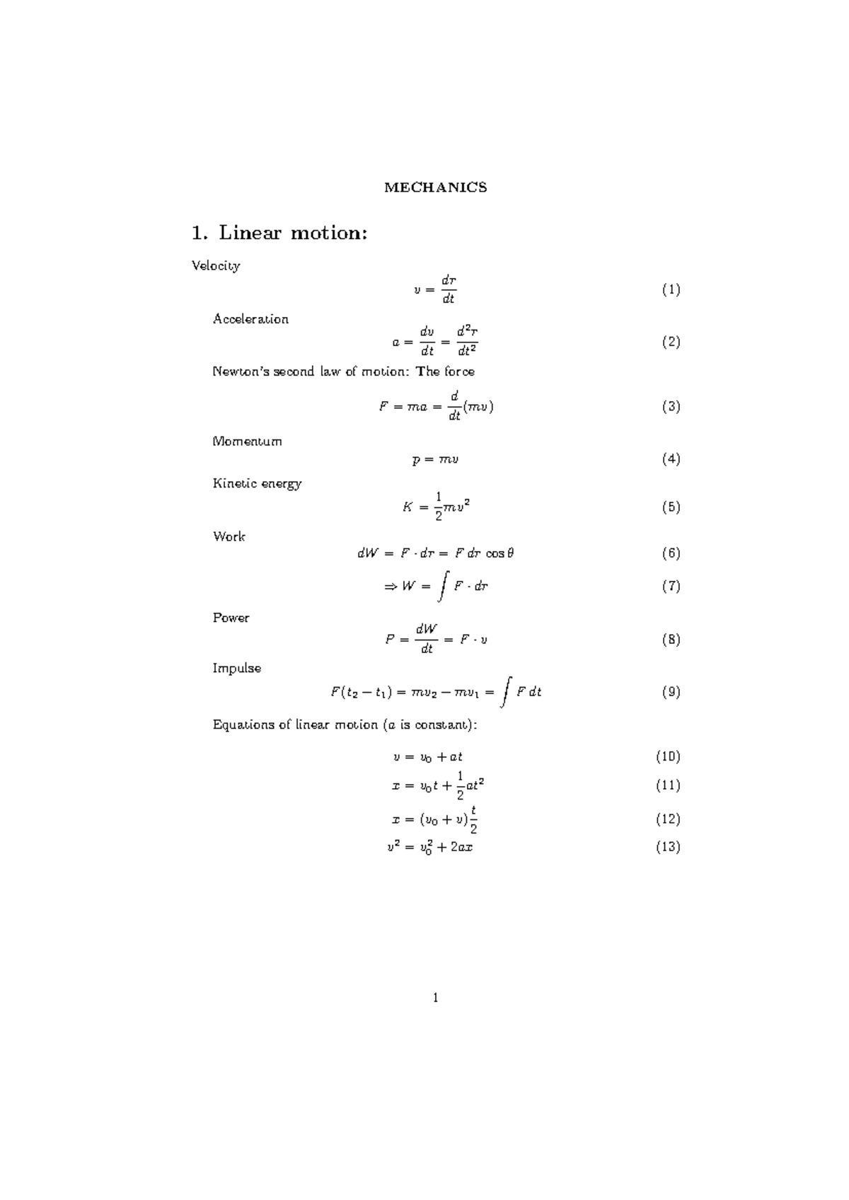 MECHANICS 1: Exam 2 Notes on Linear Motion and Forces - Studocu