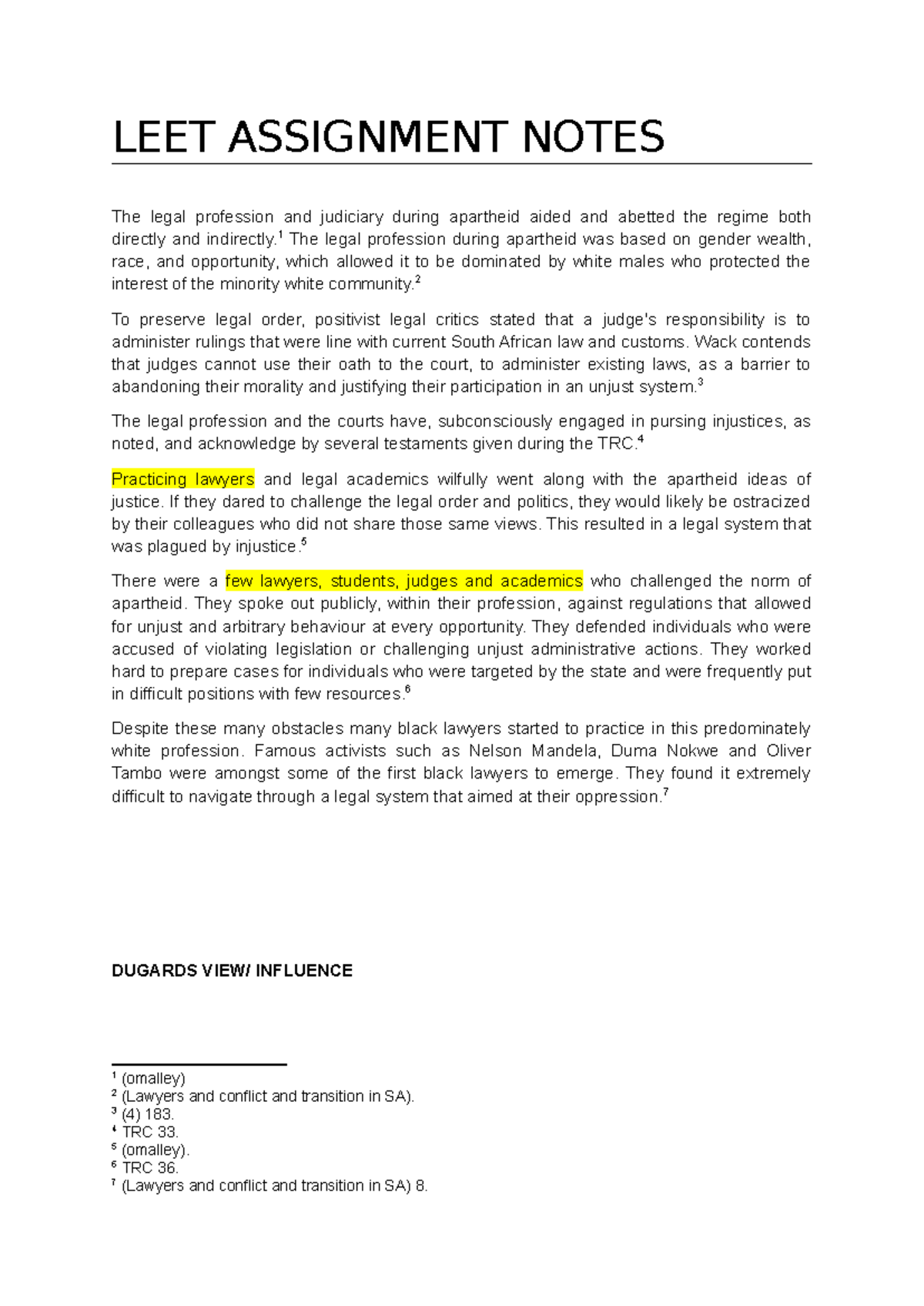 LEET Assignment Notes - Legal Profession & Apartheid Analysis - Studocu