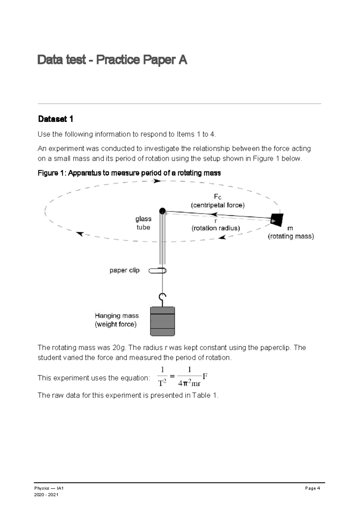 Physics IA1 2020: Data Test Practice Paper A - Experiments & Analysis ...