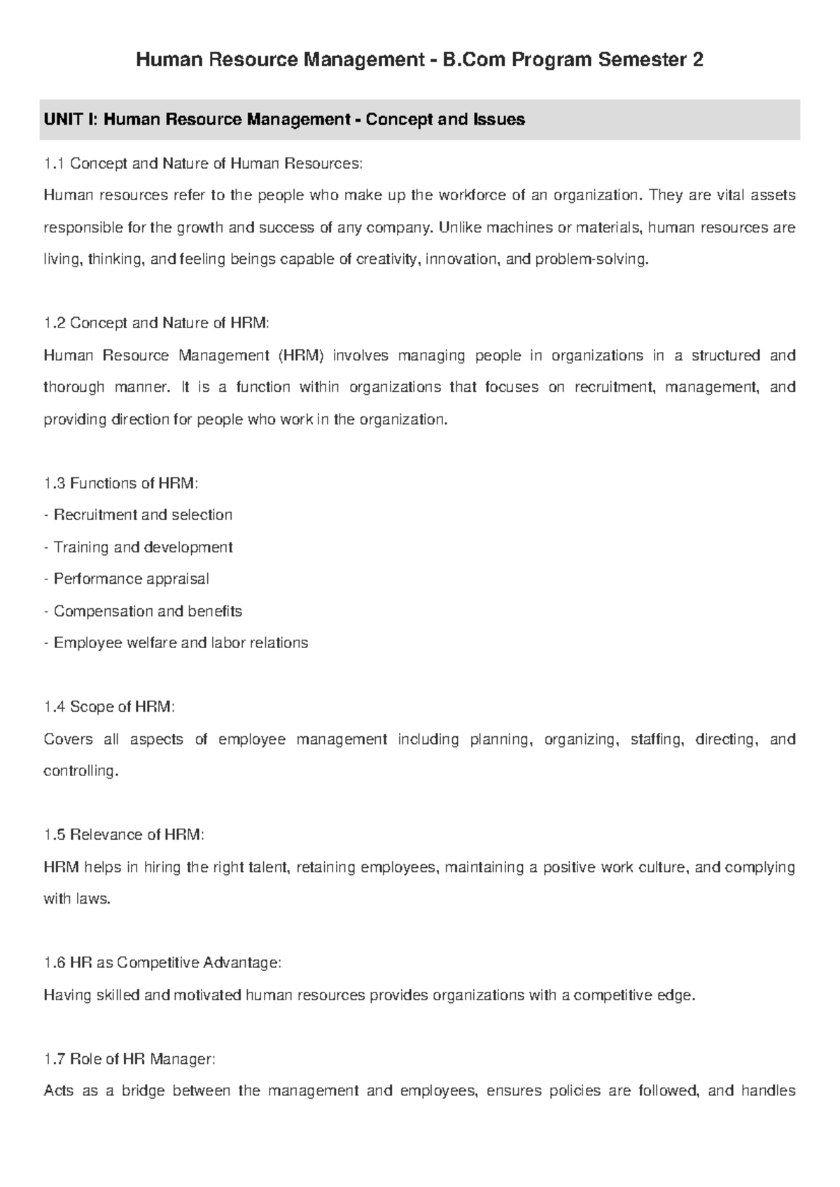 B.Com HRM Program Semester 2: Unit 1 Notes on HR Concepts - Studocu