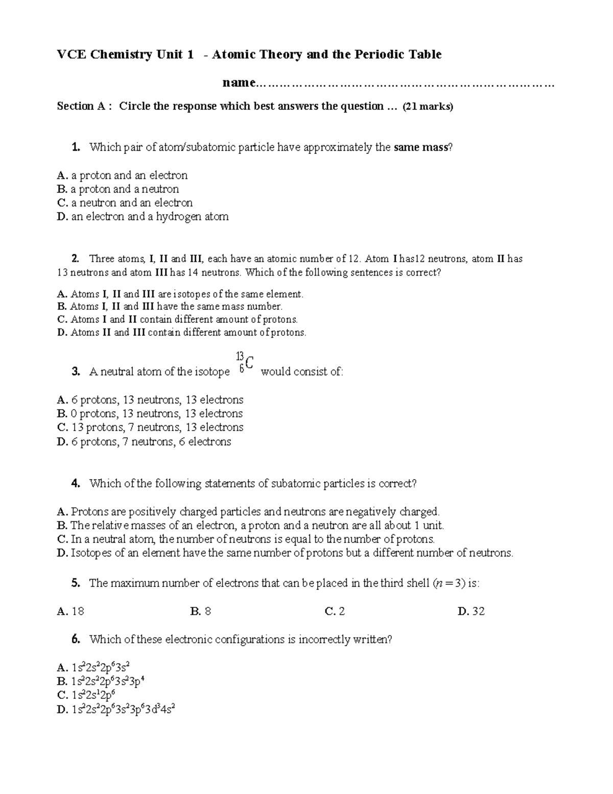 Unit 1 - Chpt 1: Atomic Theory & Periodic Table Study Guide - Studocu