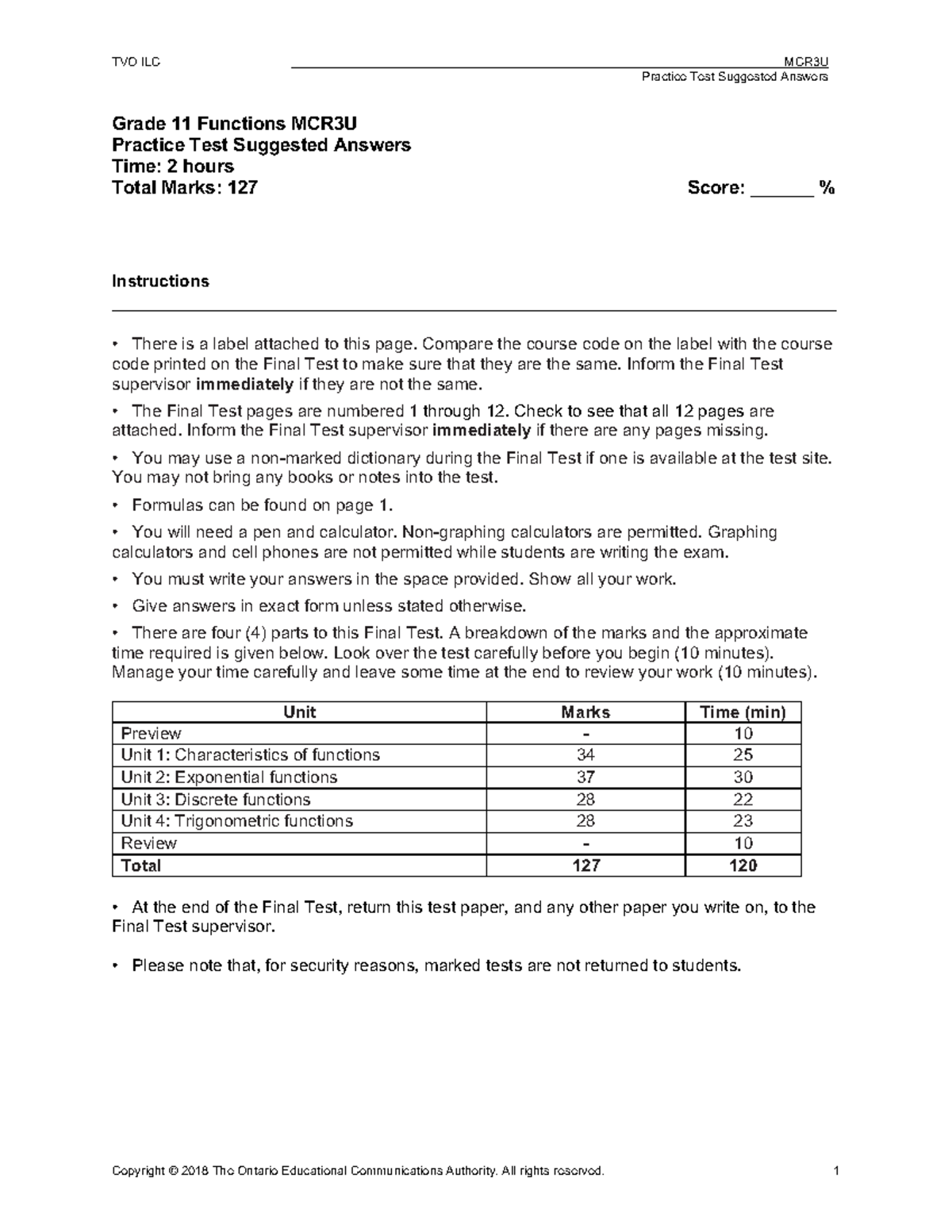MCR3U Grade 11 Functions Practice Test Suggested Answers - Studocu