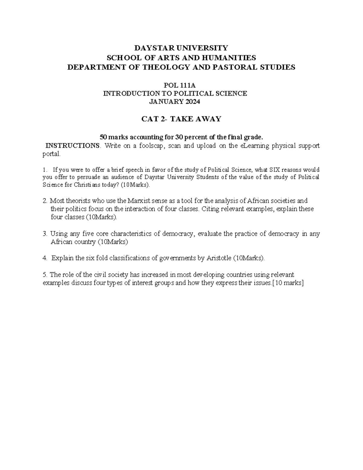 POL 111 CAT 2 - Political Science Takeaway Exam Guide - Studocu