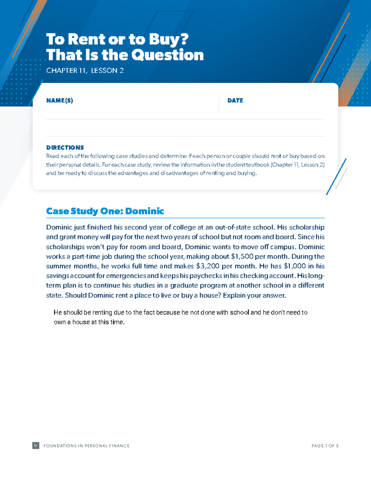 Chapter 11, Lesson 2: Renting vs. Buying Case Studies Analysis - Studocu