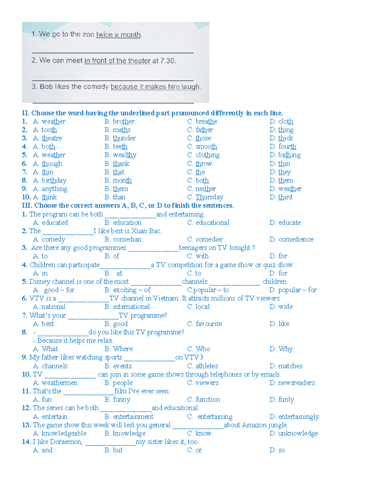 Review U7 - Tiếng Anh: Pronunciation & Sentence Completion Exercises ...