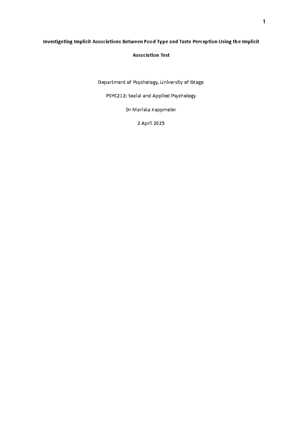 PSYC212: Implicit Associations Between Food Types and Taste Perception ...