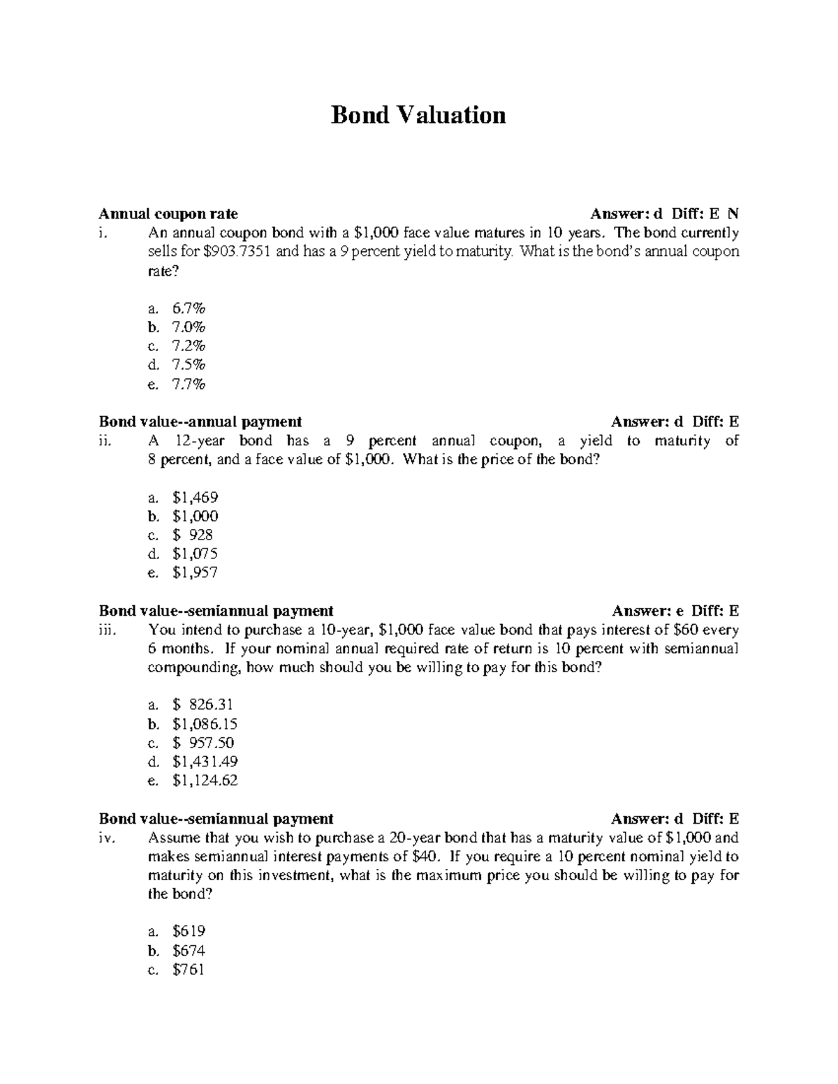 Bond Valuation Practice Questions (Course Code: 36985) - Studocu