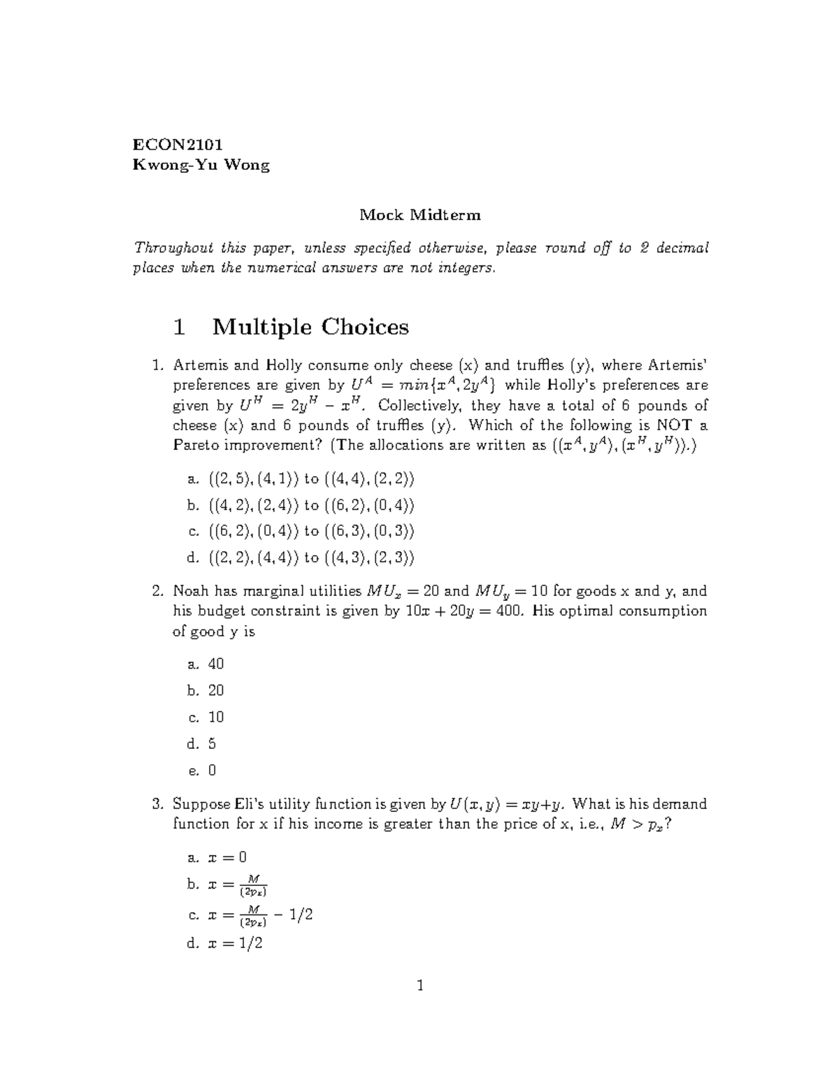 ECON 101: Mock Midterm Study Guide and Practice Questions - Studocu