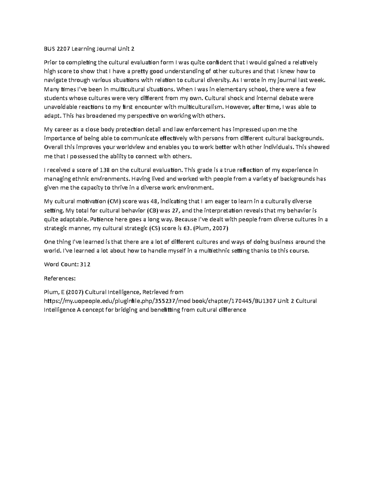 BUS 2207 Learning Journal: Insights from Unit 2 Cultural Evaluation ...