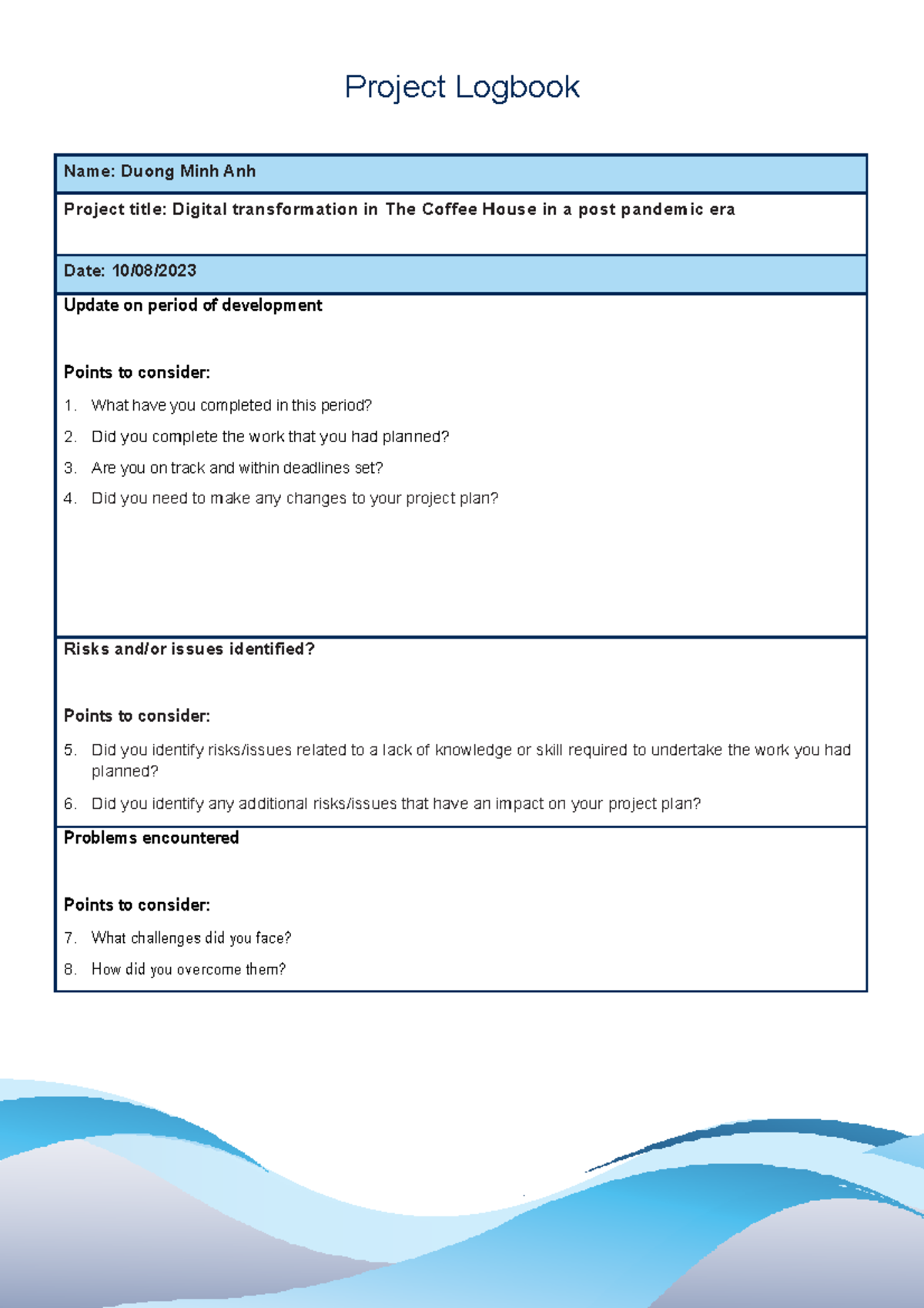 Project Logbook Template - HNC/D in Business 1 Project Logbook Name ...