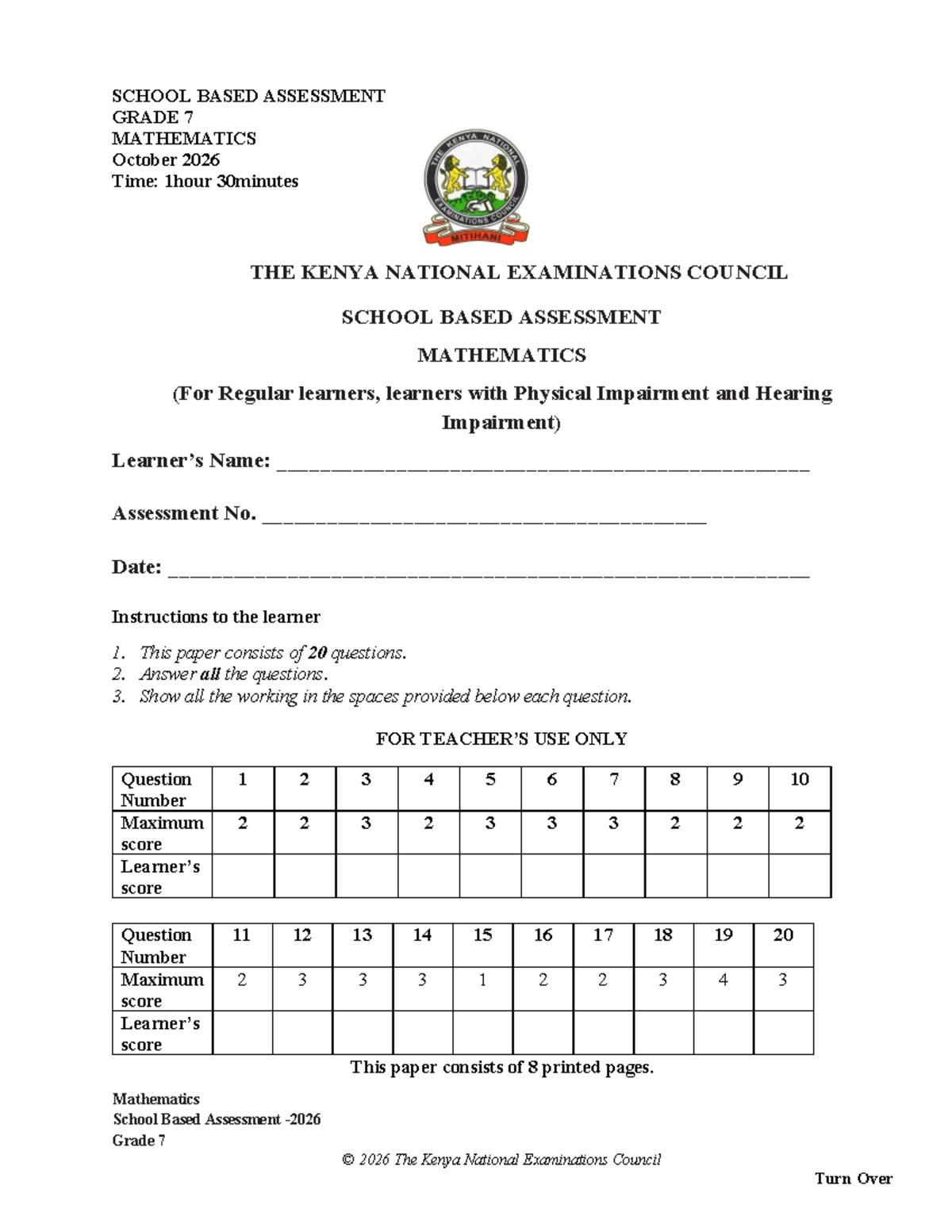 Mathematics Grade 7 SBA - Question Paper October 2026 - Studocu