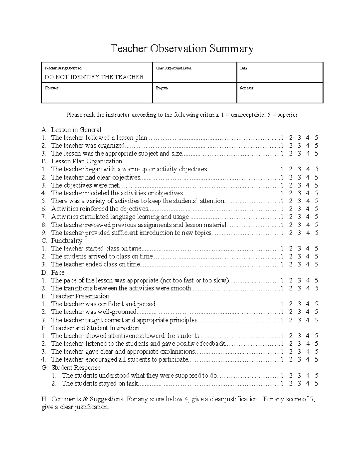Teacher Observation Summary: Evaluation Criteria and Feedback - Studocu