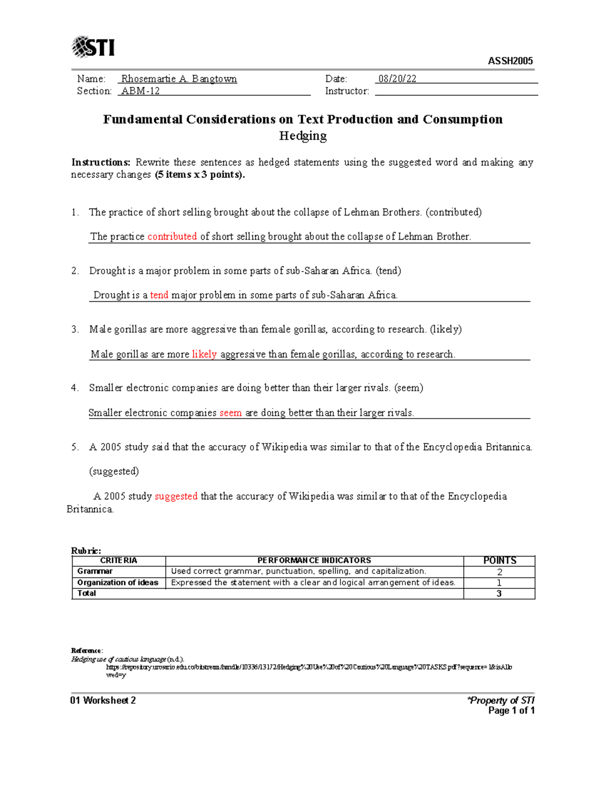 01 Worksheet 2 - ASSH Name: Rhosemartie A. Bangtown Date: 08/20 ...