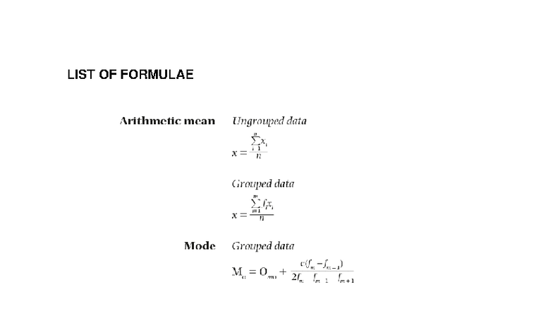 LIST OF Statistical Formulae - Business Statistics - LIST OF FORMULAE ...