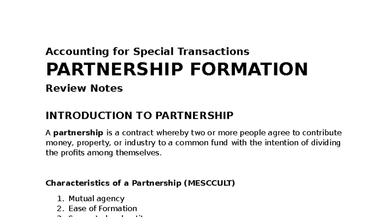 Accounting for Special Transactions: Partnership Formation Review Notes ...