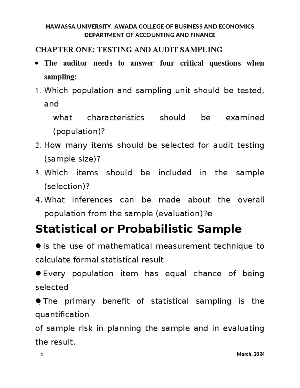 Auditing Principles P II: Chapter One - Testing & Audit Sampling - Studocu
