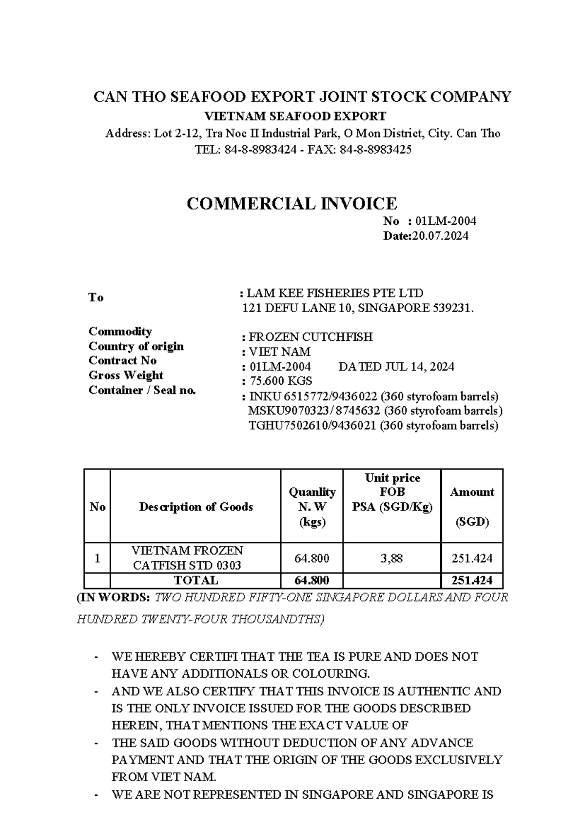 Invoice for Frozen Catfish Export - CAN THO SEAFOOD EXPORT - Studocu