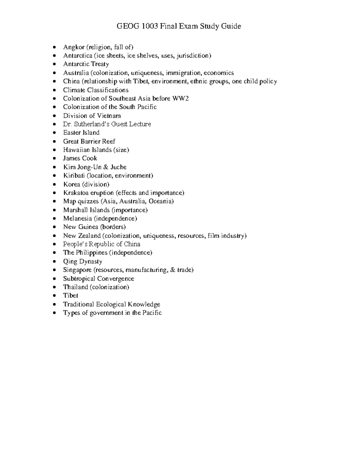 GEOG 1003 Final Exam Study Guide - Studocu