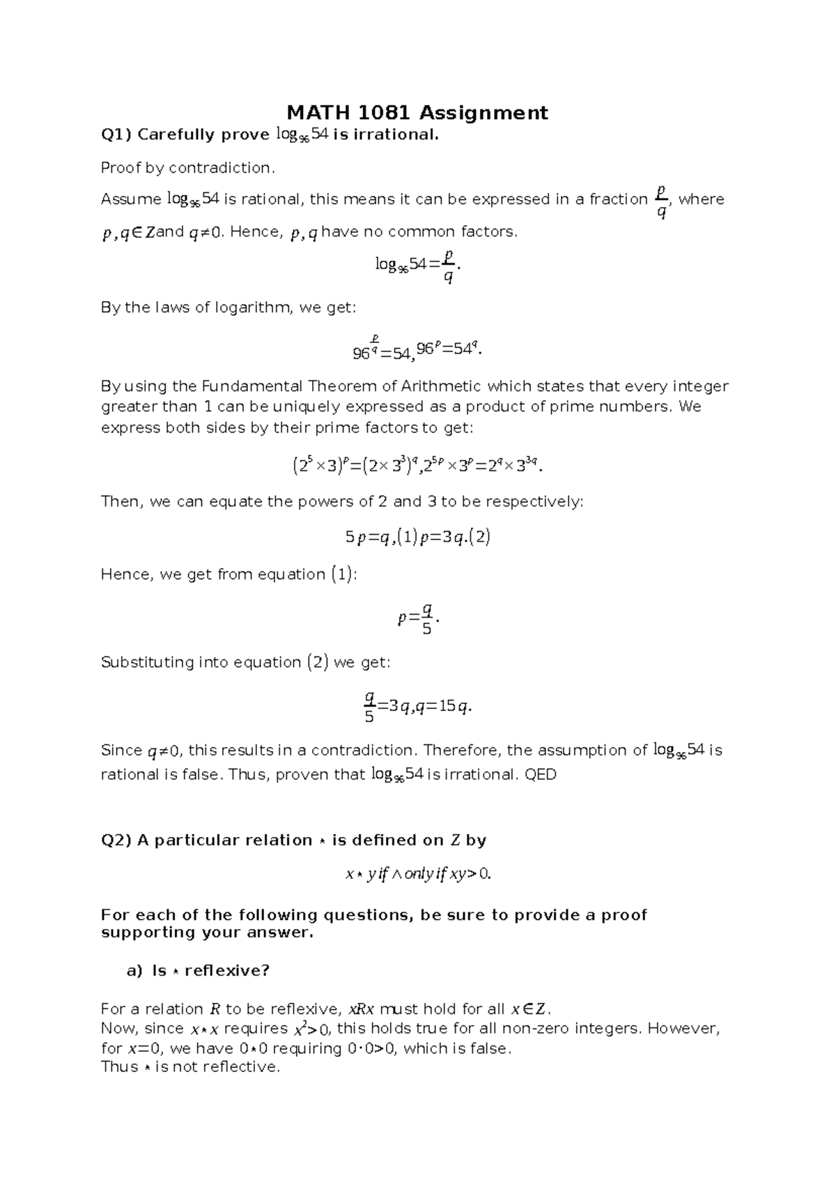 MATH 1081 Assignment Draft: Proving Logarithmic Irrationality and ...