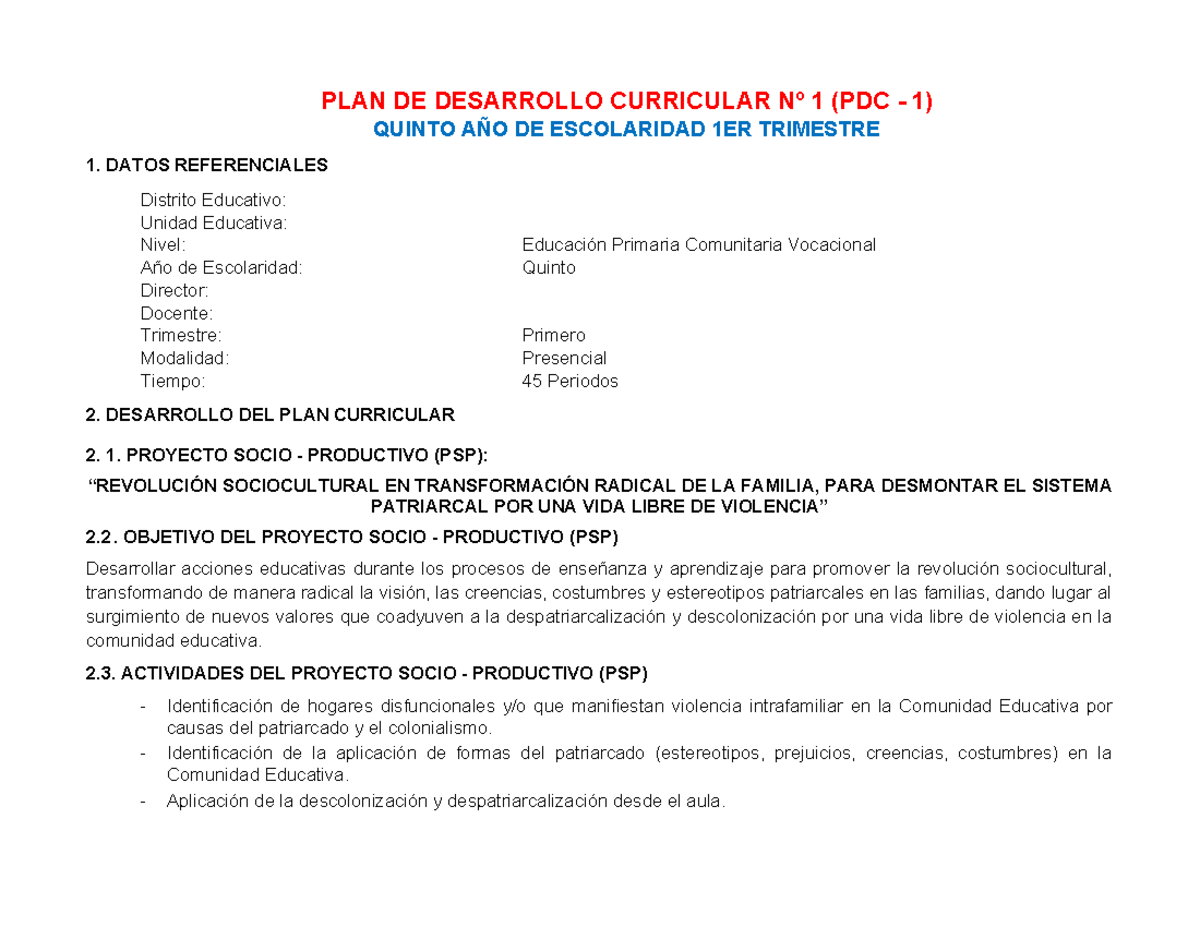 PLAN DE DESARROLLO CURRICULAR Nº 1 (PDC 1) QUINTO AÑO 1ER TRIMESTRE ...
