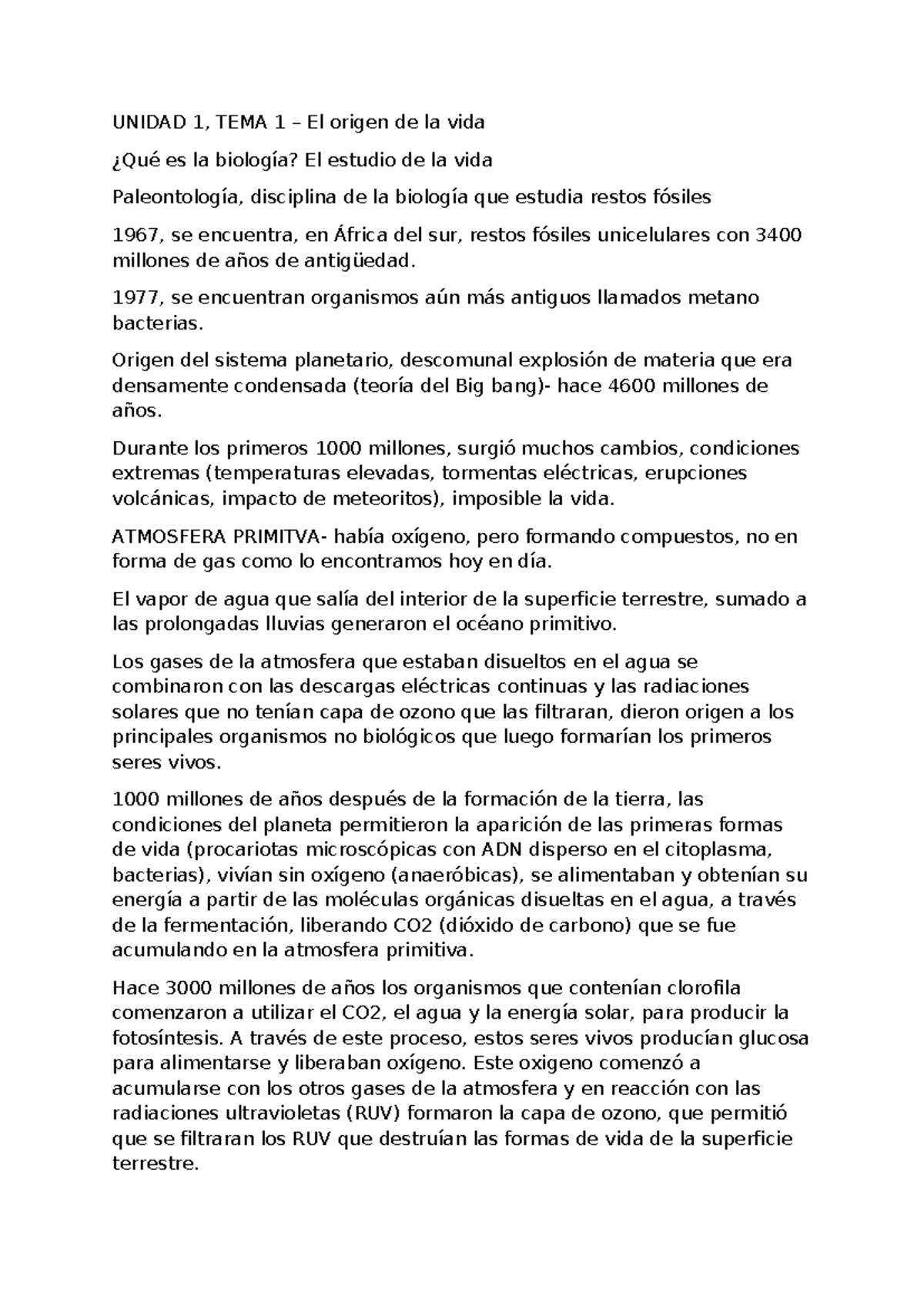 B,H Y G, tema 1 - apunte - UNIDAD 1, TEMA 1 – El origen de la vida ¿Qué ...
