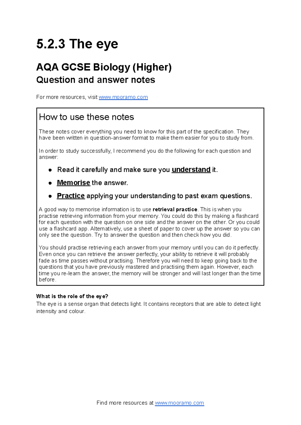 5.2.3 The eye - AQA GCSE Biology question and answer notes - Mooramo ...