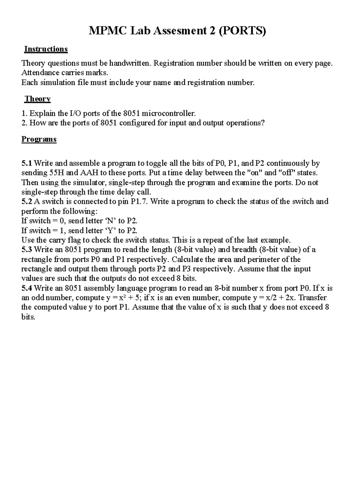 MPMC Lab AST02 C2 - 8051 Microcontroller Ports & Programs - Studocu