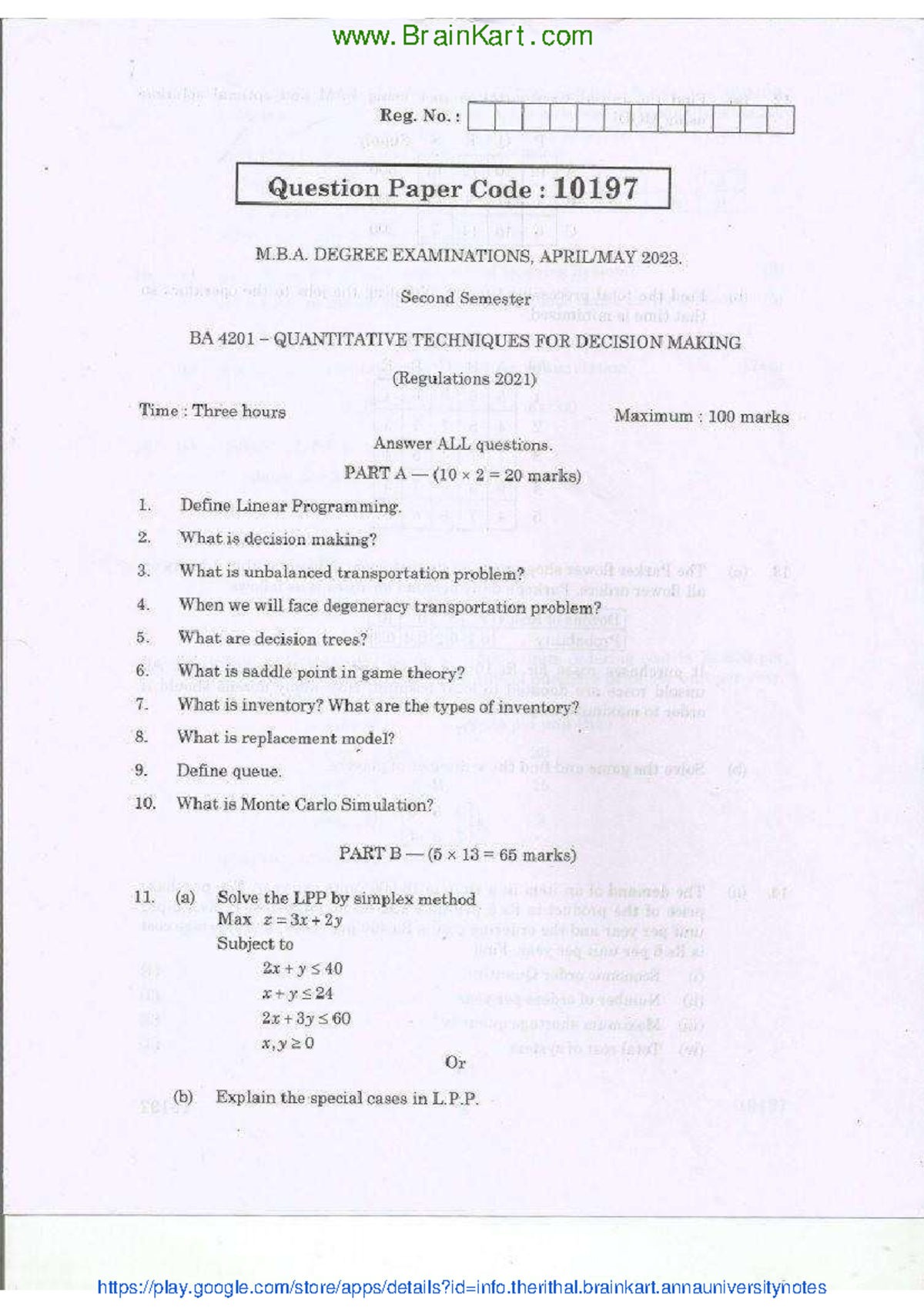 Quantitative Techniques for Decision Making - BA4201 Question Paper ...