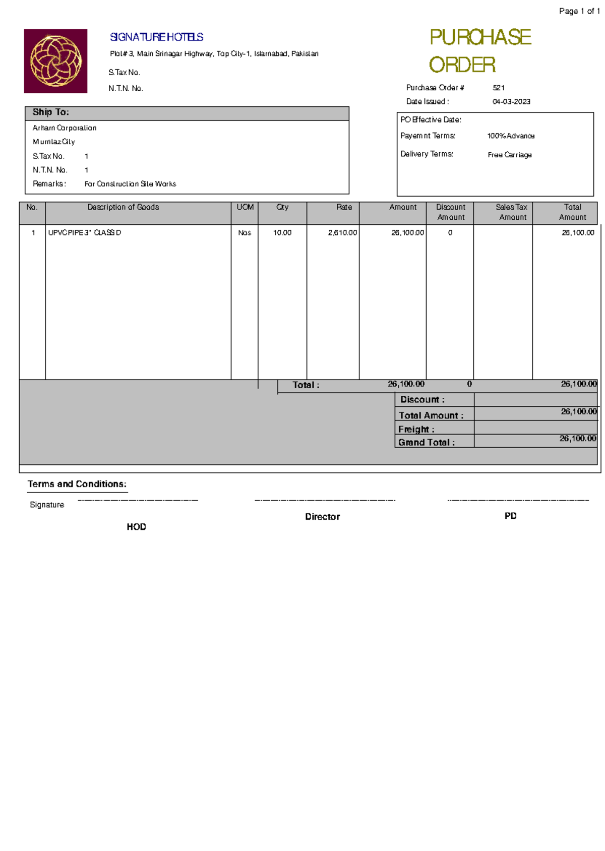 Purchase Order #521 for UPVC Pipe 3