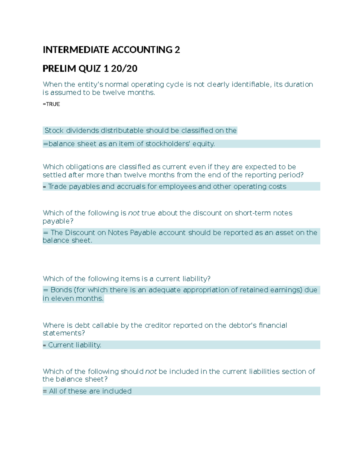 Intermediate Accounting 2: Prelim Quiz 1 Questions & Answers - Studocu