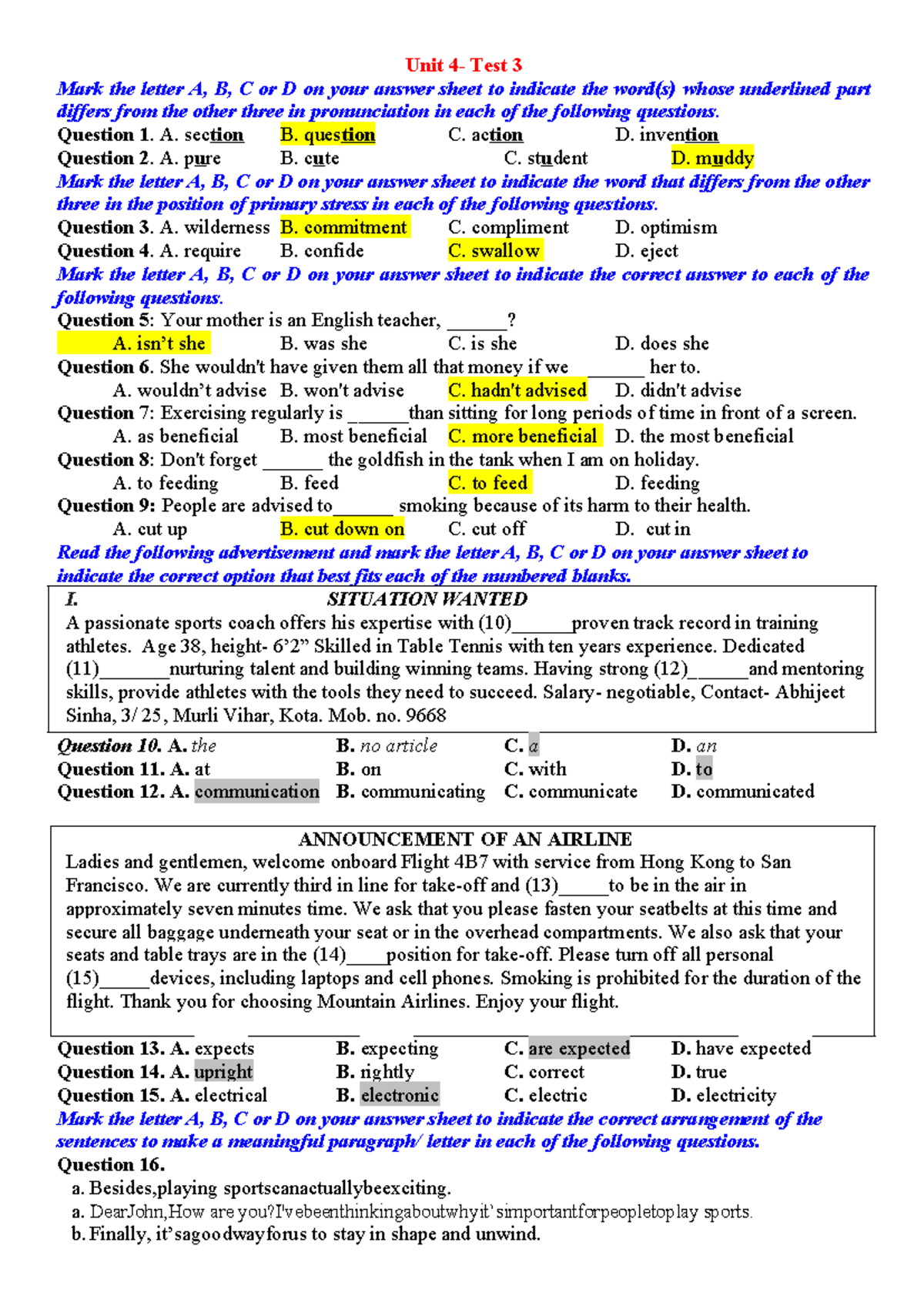 GV UNIT 4 TEST 3 - Pronunciation and Comprehension Exercises - Studocu