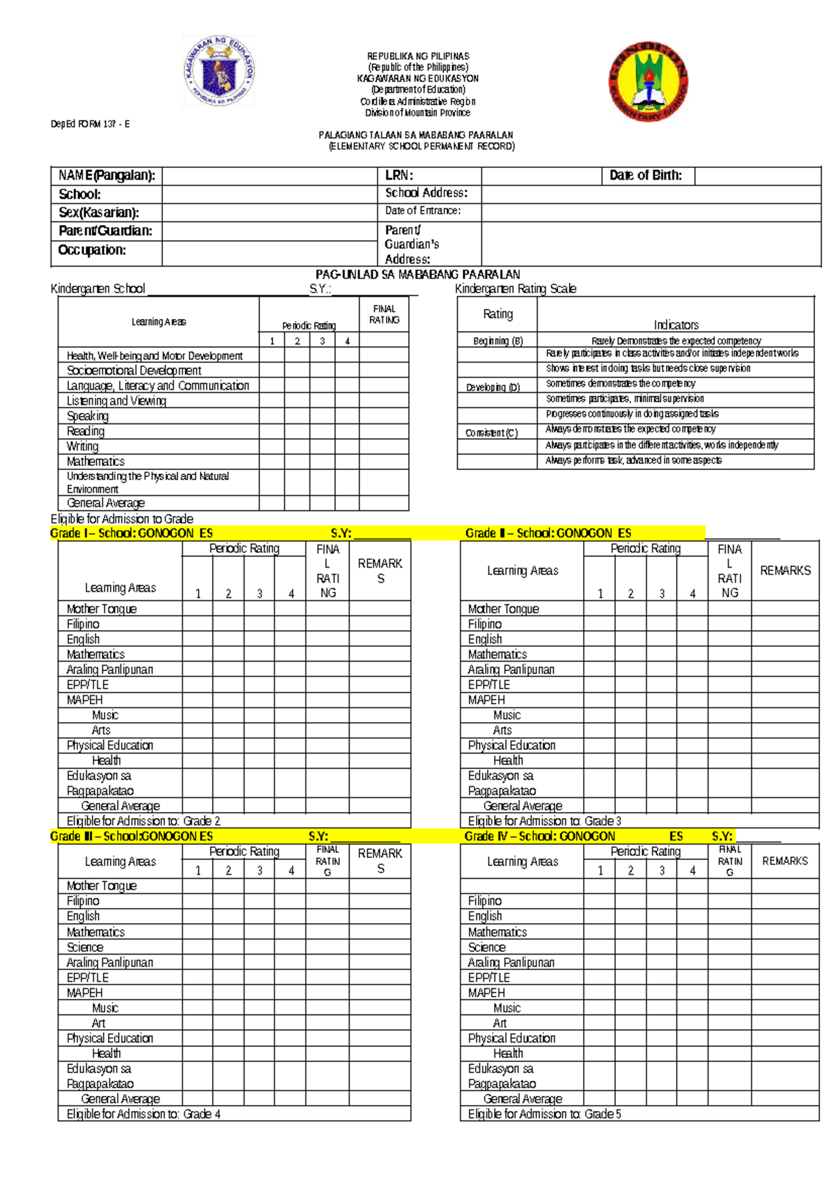 FORM 137 E: Elementary School Permanent Record (Final Format 2023 ...