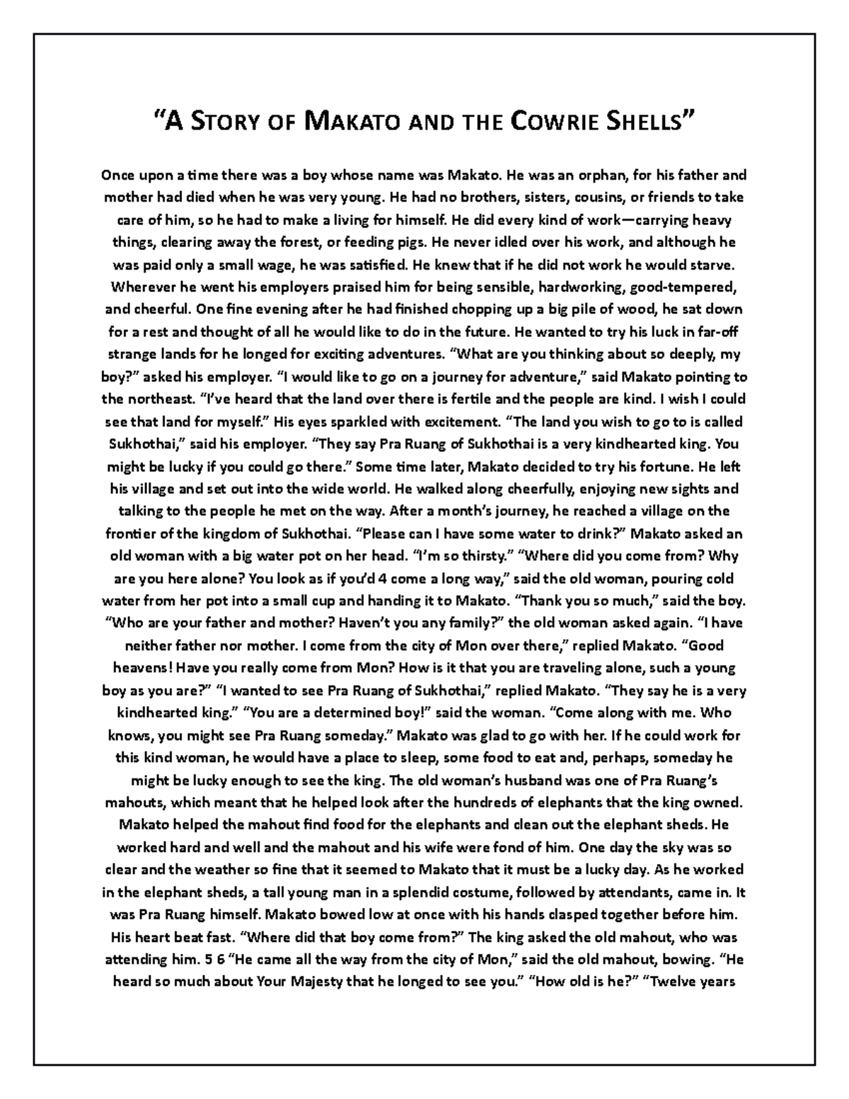 The Journey of Makato and the Gift of Cowrie Shells: A Tale - Studocu