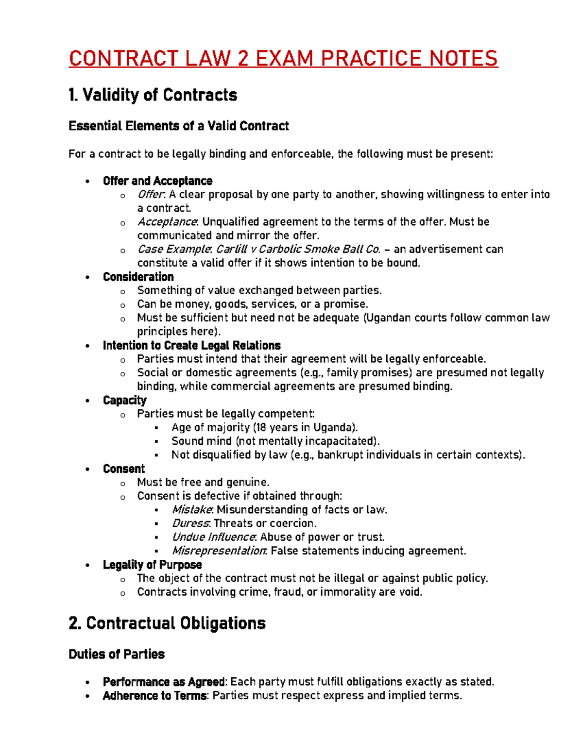 Contract Law 2 Final Exam Practice Notes: Validity & Breach - Studocu