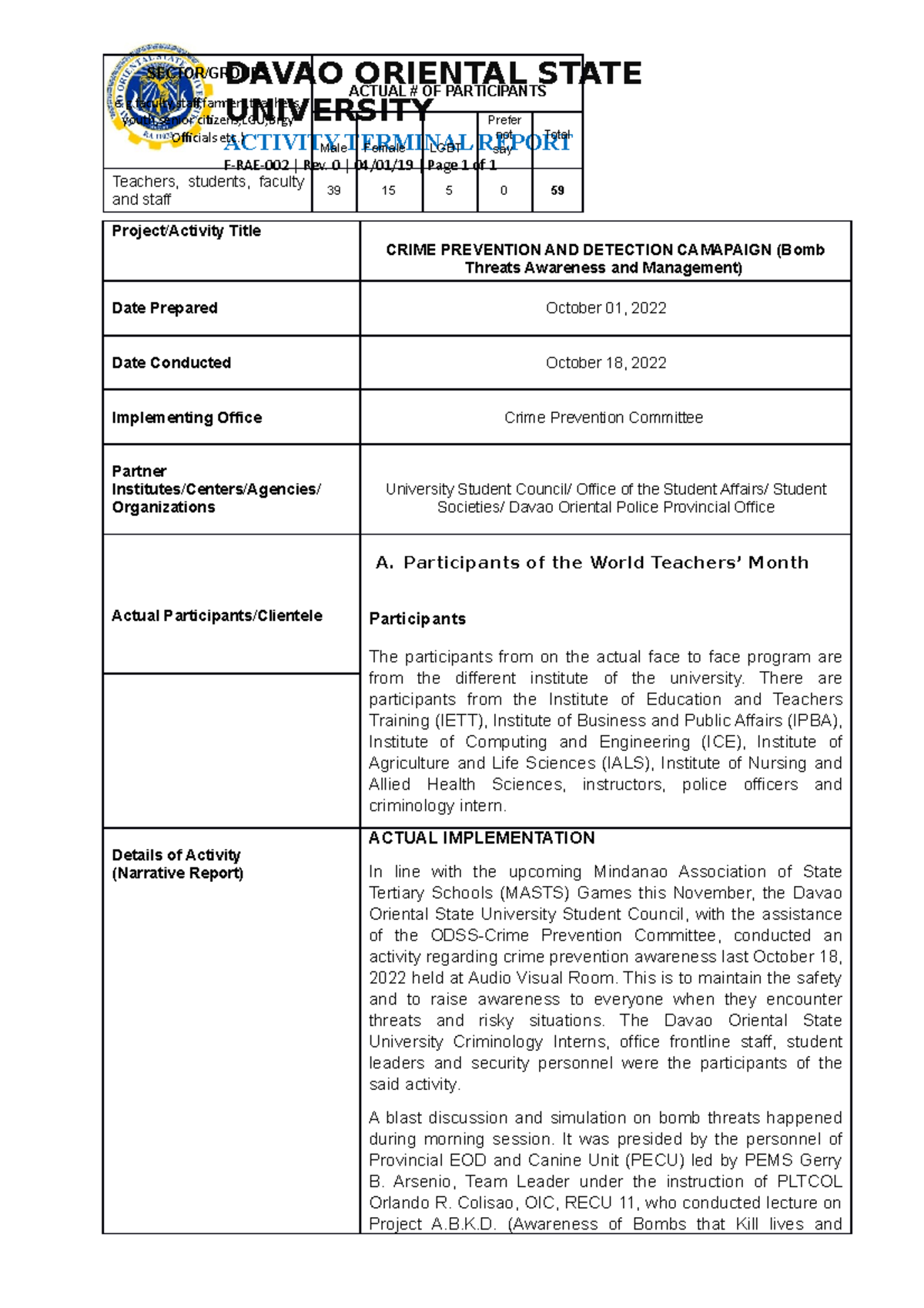 Crime Prevention & Detection Campaign: Bomb Threat Awareness Report ...