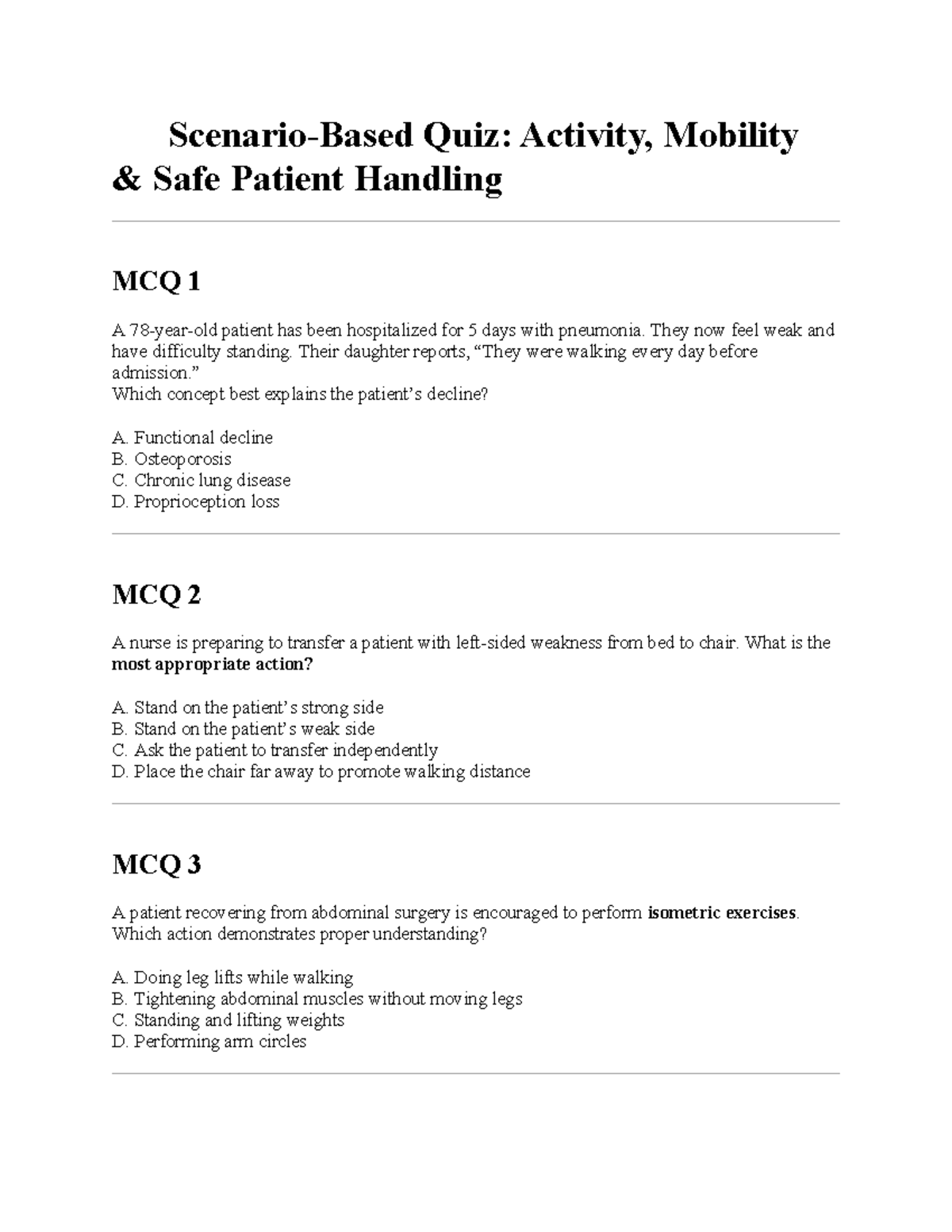 Quiz: Activity & Mobility Safe Patient Handling MCQs and SATA - Studocu