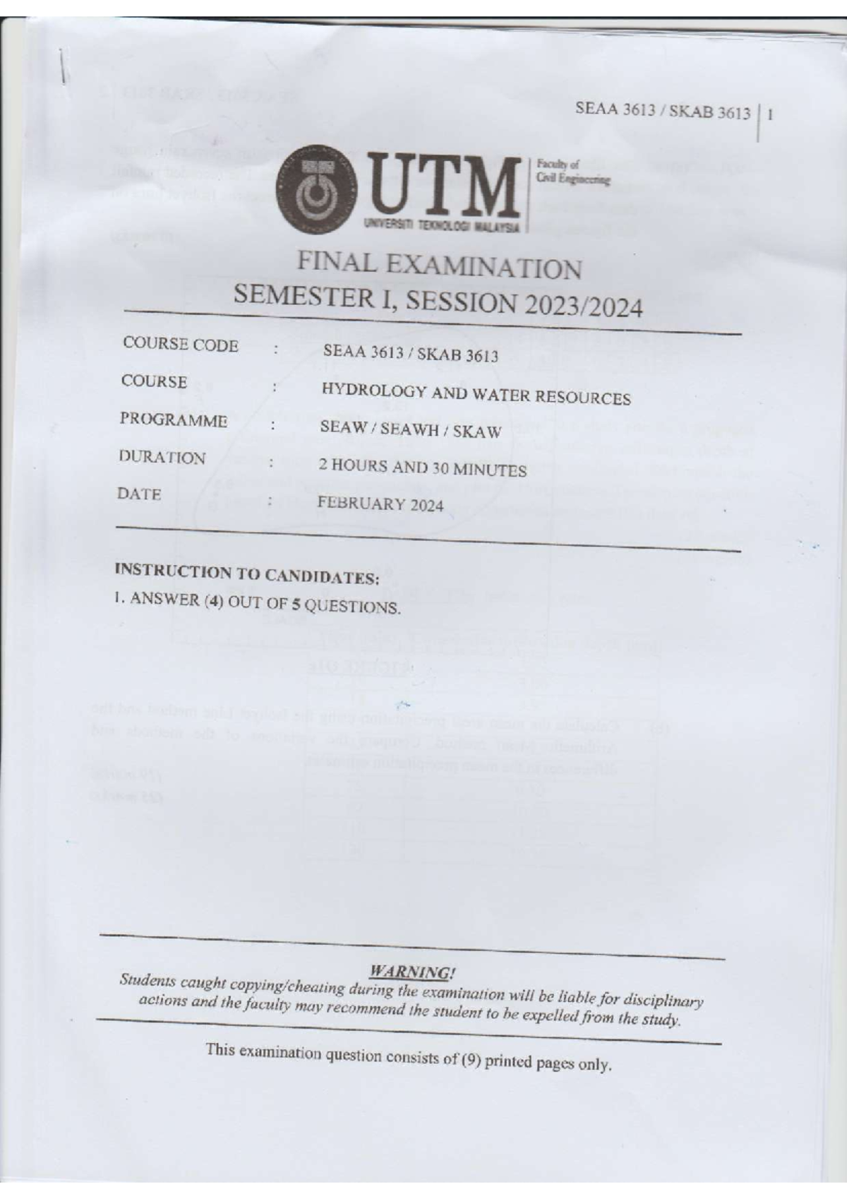 SEAA 3613 SKAB 3613 Final Exam Questions - Hydrology & Water Resources ...
