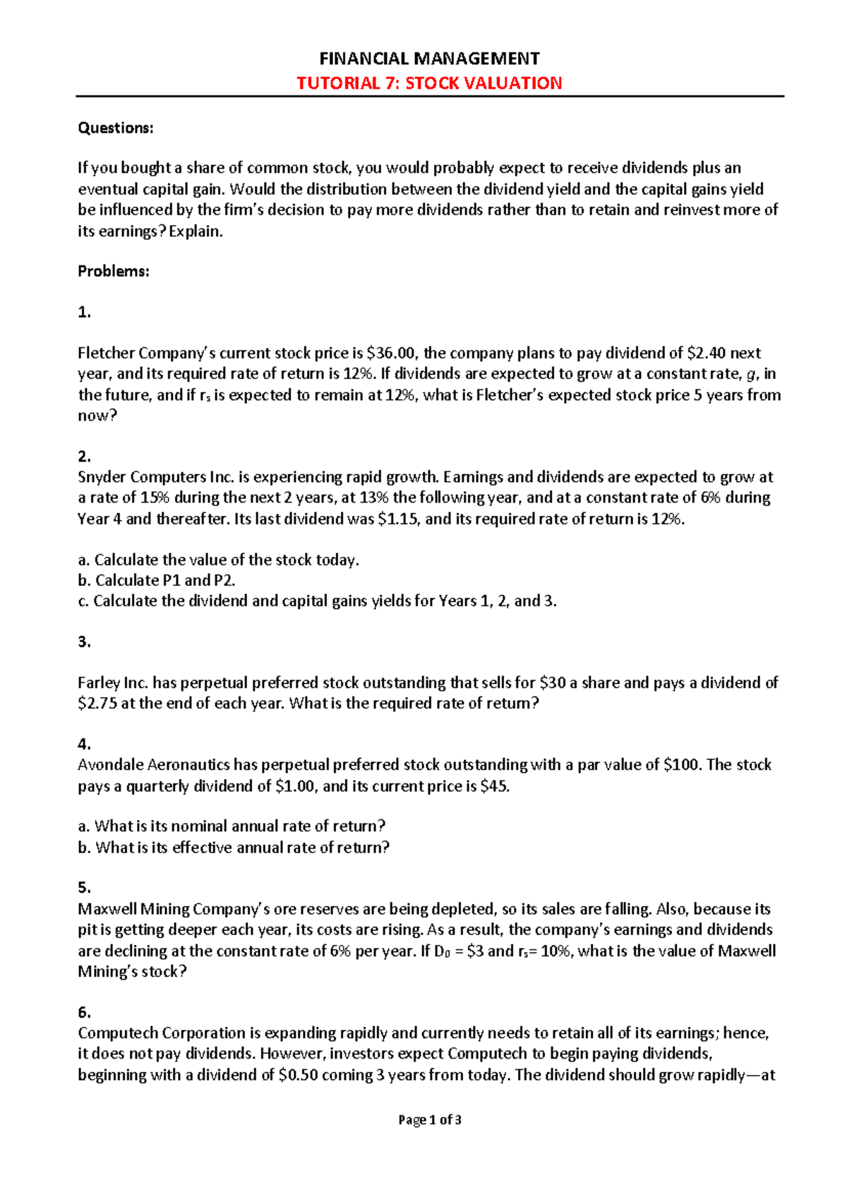 FINANCIAL MANAGEMENT TUTORIAL 7: STOCK VALUATION Exercises and Problems ...