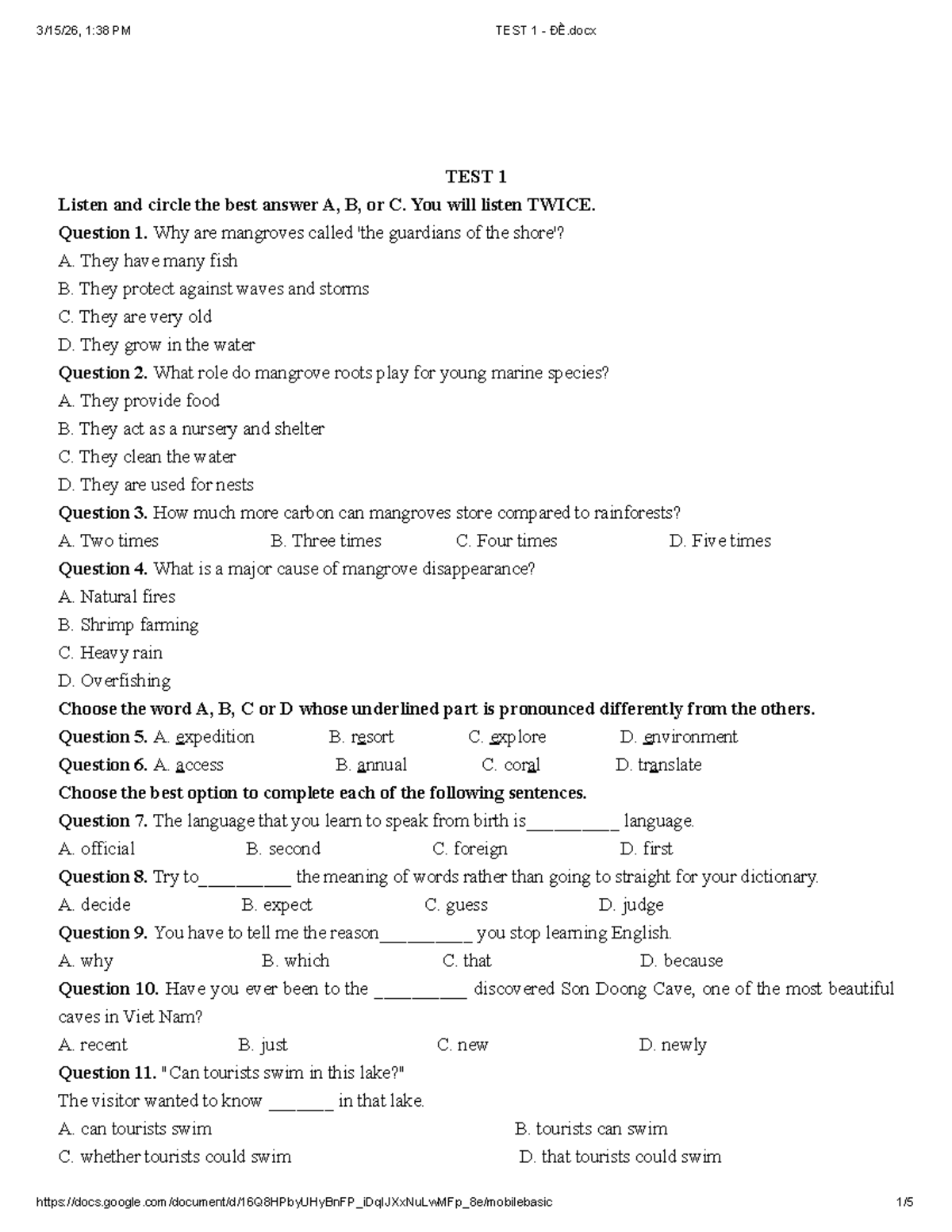 TEST 1 - ĐỀ: Listening Comprehension and Language Skills - Studocu