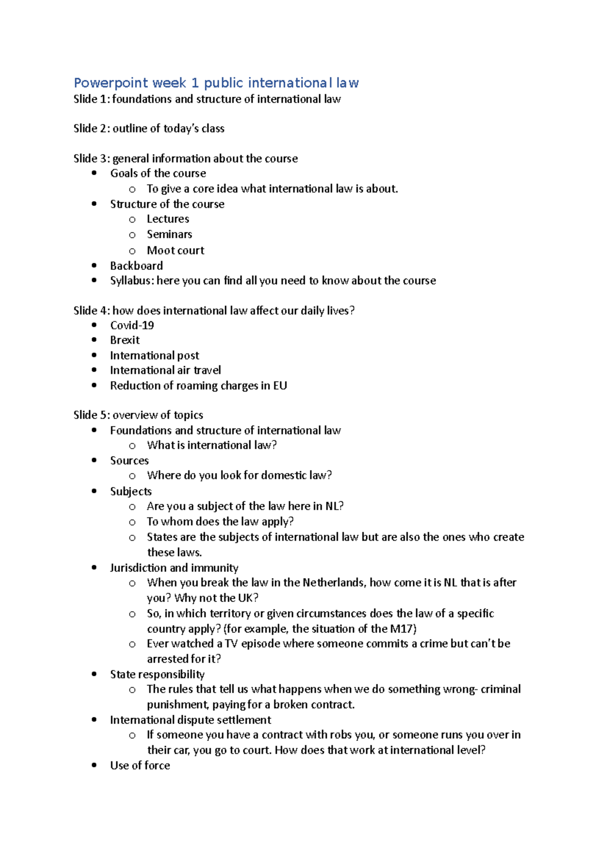 Public International Law - Week 1 Overview and Key Concepts - Studeersnel