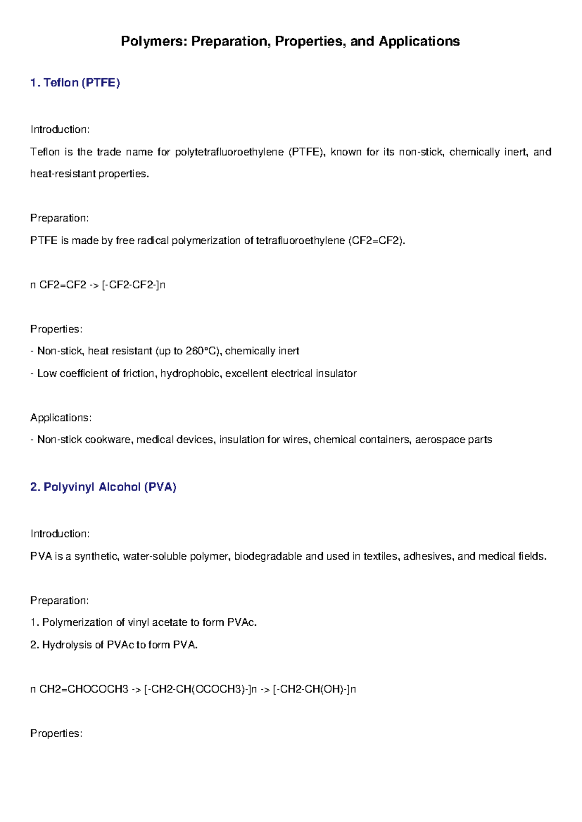 Polymers: Prep, Props & Apps - Teflon, PVA, PVC, NBR Overview - Studocu