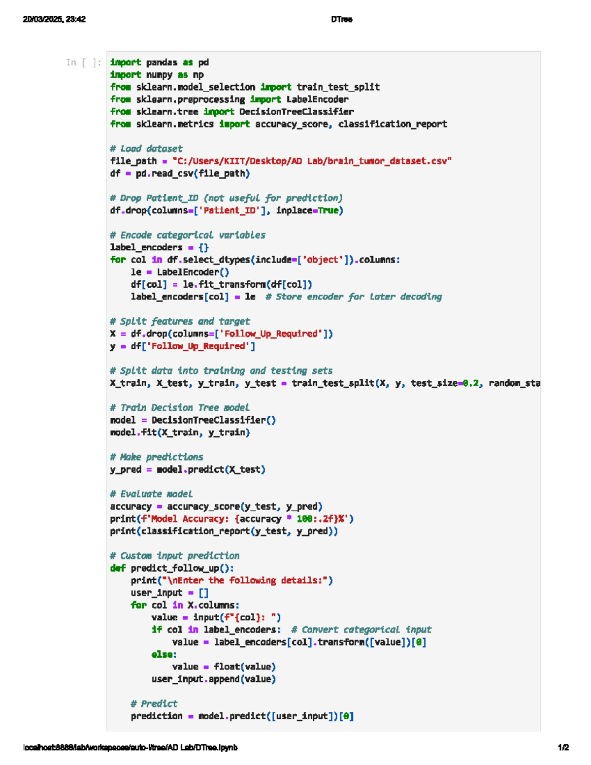 Dtree - Its a decision tree - 23:42 DTree In import pandas as pd import ...