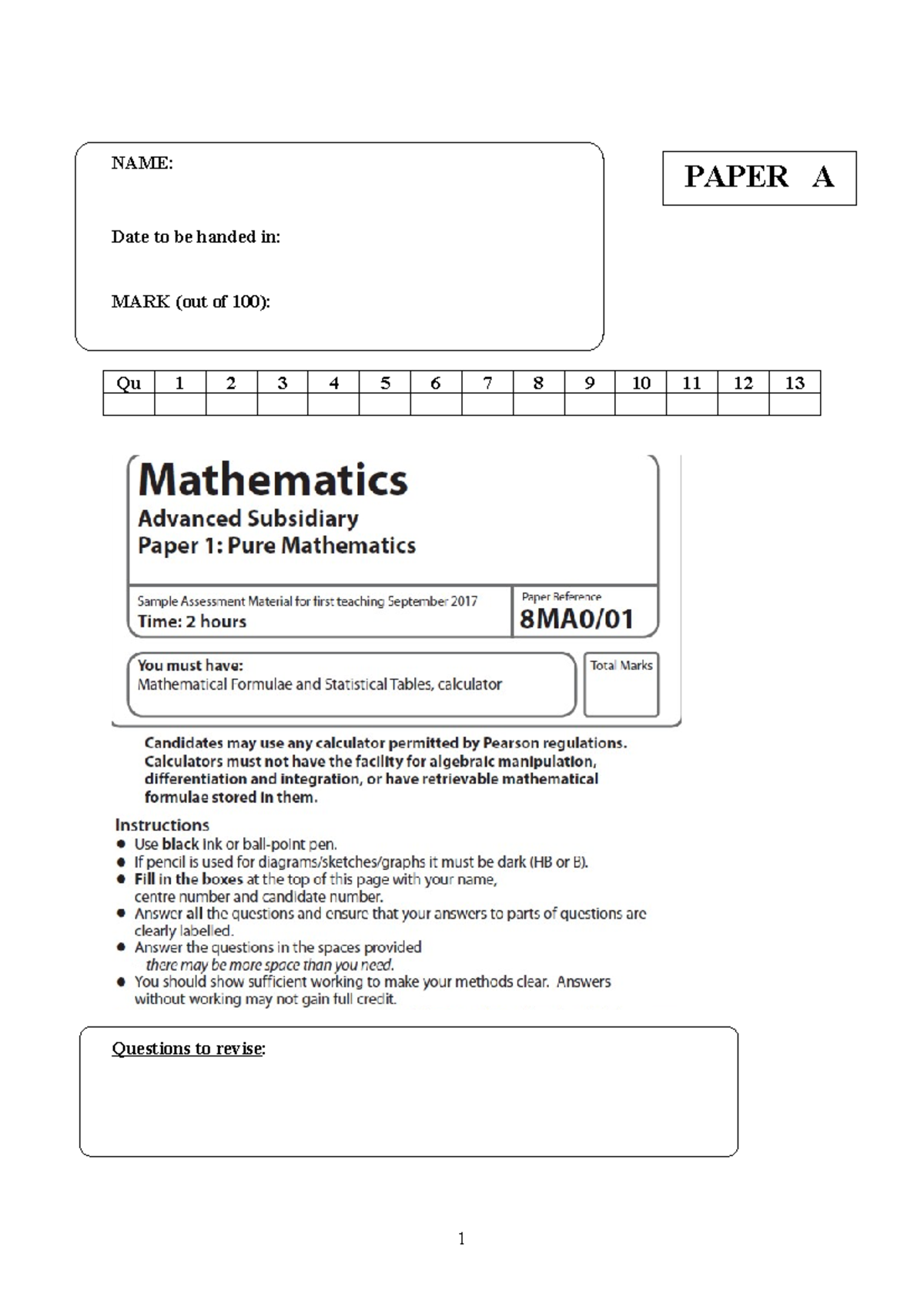 01 AS Pure Mathematics Practice Paper A - Revision Questions - Studocu