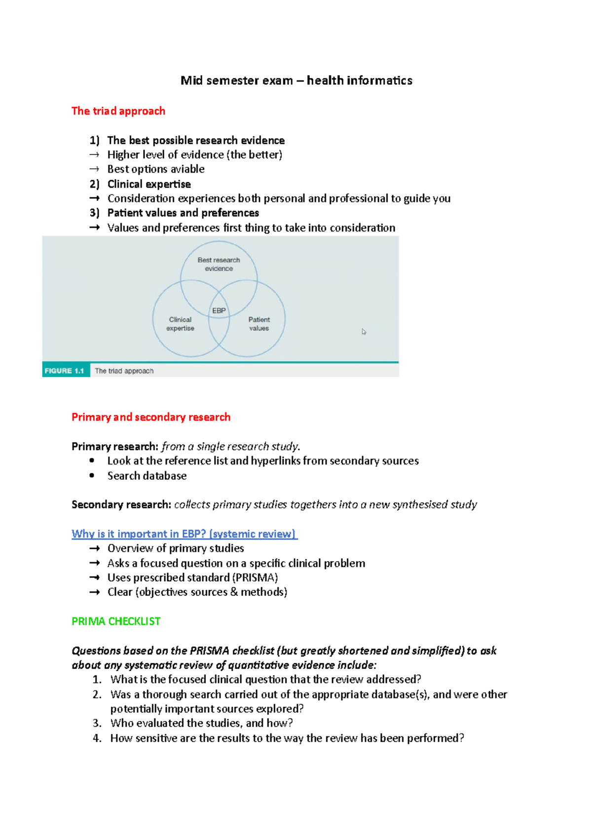 Mid Semester Exam - Health Informatics (Clinical Evidence & Research ...